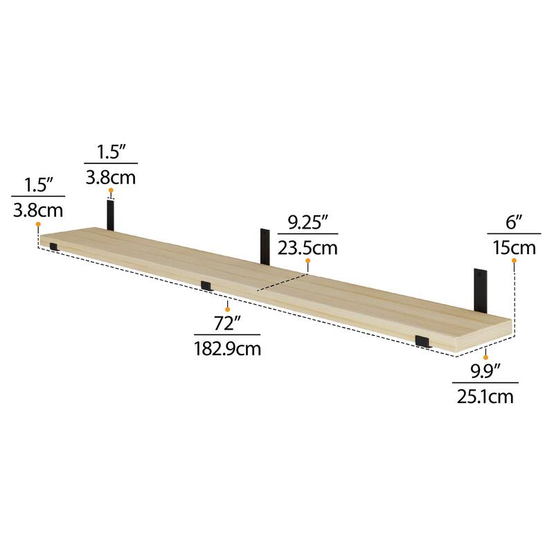 Wallniture Forte Wood Board 72" Long, 9.25'' Deep, 1.5" Thick, Floating Bookshelf for Wall, Hanging Shelf Living Room Decor, 1Pc