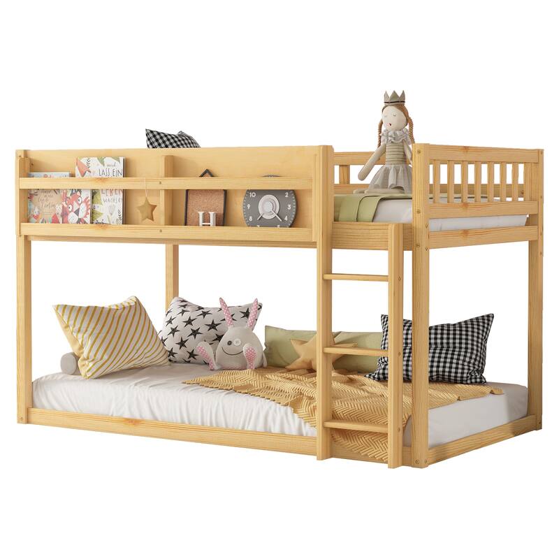 Roomfitters Twin Over Twin Bunk Bed, Low Floor Loft Platform Bed and Shelf with Wooden Frame for Bedroom