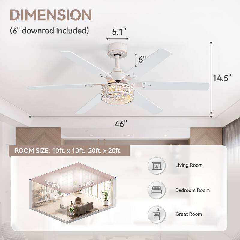 2 Set 46" Distressed White Caged Ceiling Fan with Light and Remote(6-Blade)