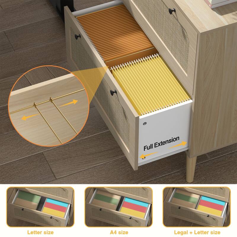 Anmytek Wood Rattan 2 Drawer Lateral File Cabinet with Adjustable Hanging Bar for Letter / A4 / Legal Size Files