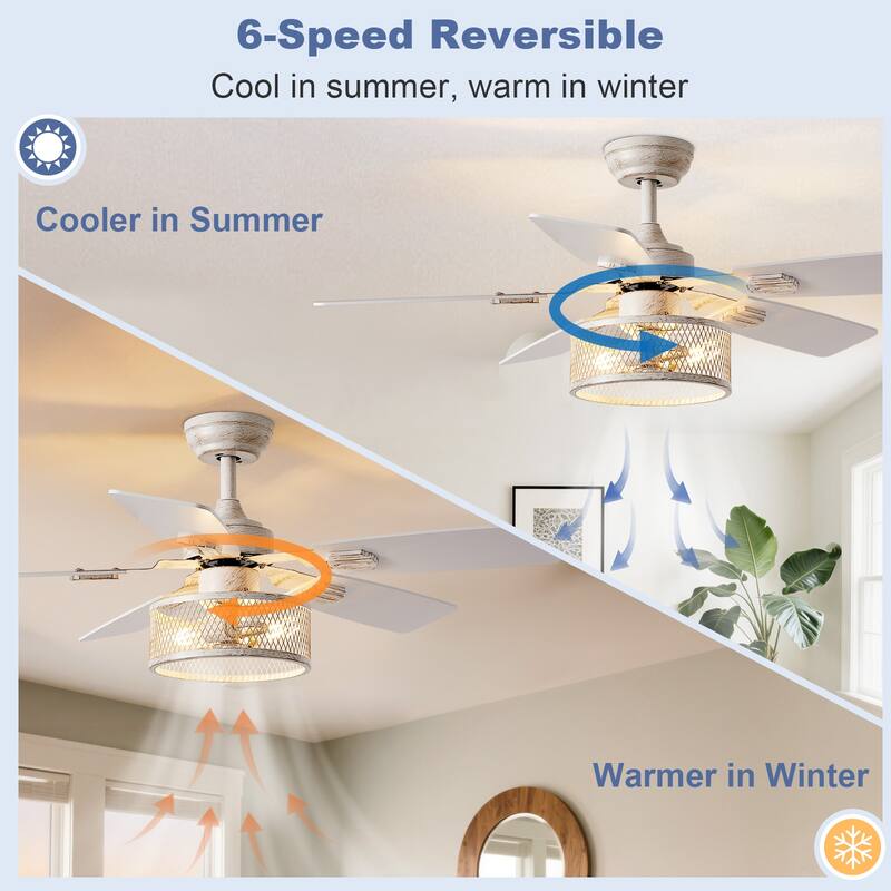 42-52Inch Caged Ceiling Fans with Lights: Dual Finish 5 Blades - Rustic with Remote Control (E26 Bulb Included)