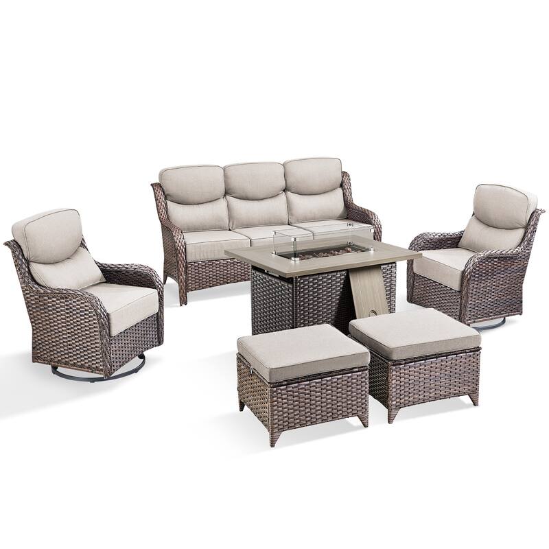 Pocassy 6 Pieces Outdoor 6 Inch Sofa Swivel Chair Ottoman with Fire Table