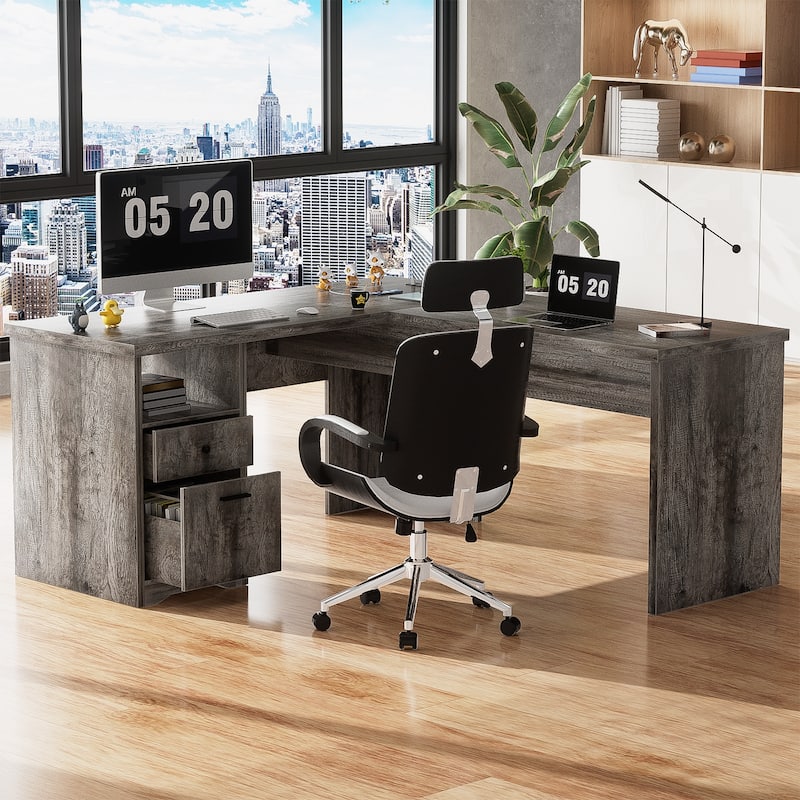 Modern Farmhouse Lift Top L-Shaped Desk with Charge Station, Corner Desk with File Drawers for Home Office