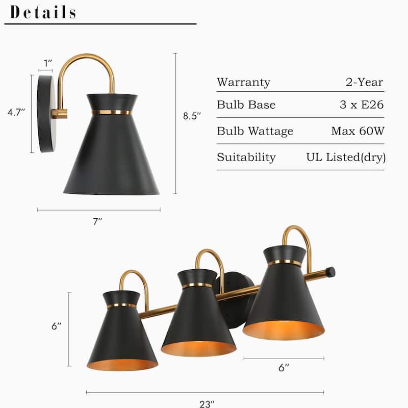 Modern 3-Light Linear Black Gold Bathroom Vanity Light Industrial Metal Wall Sconce - 23" L x 7" W x 8.5" H