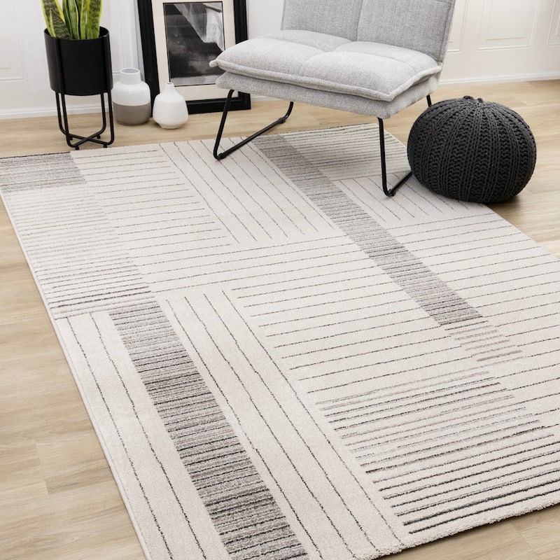 Maeve Collection - Fine White Grey Lines Modern Area Rug