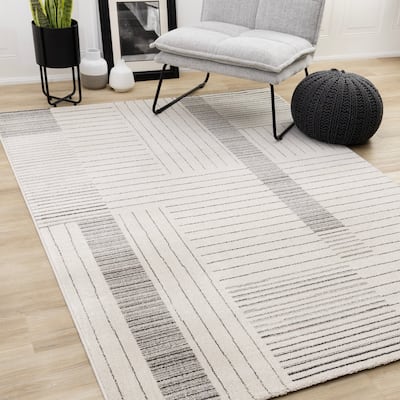 Maeve Collection - Fine White Grey Lines Modern Area Rug