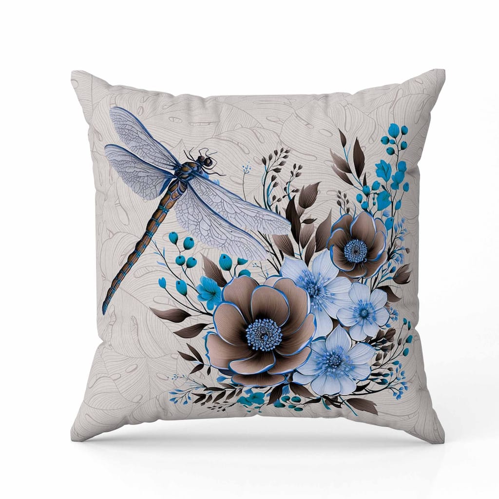 Dragonfly Haven Indoor/Outdoor Reversible Throw Pillow Beige and Cyan