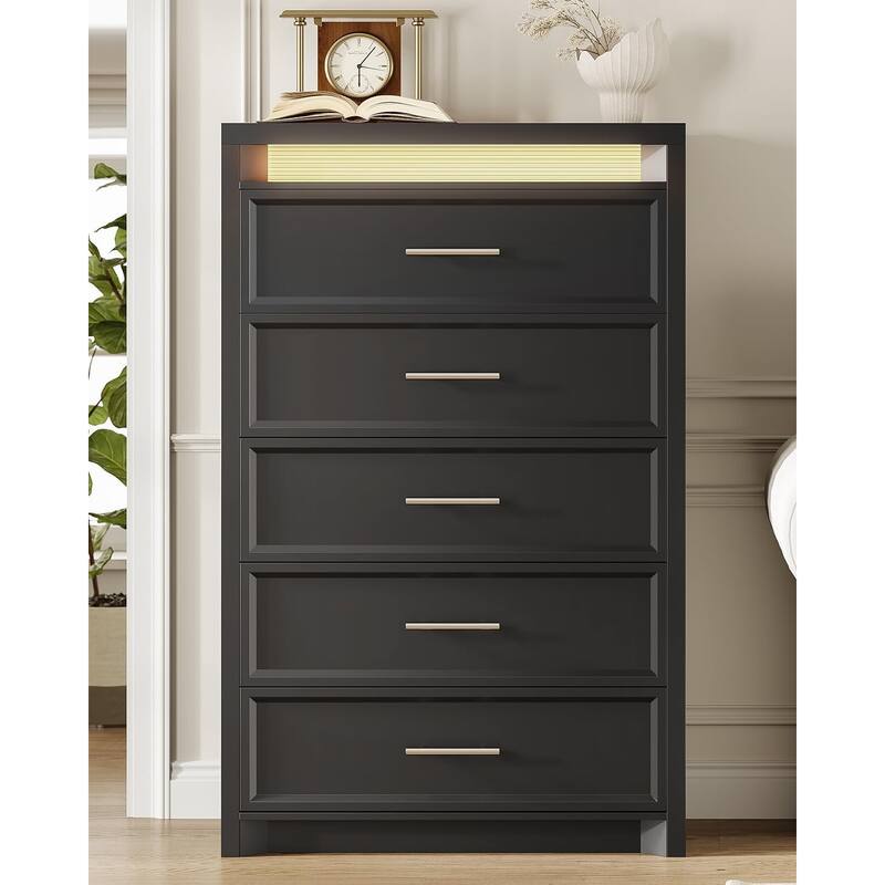 Dresser for Bedroom with Drawers Mid-Century Modern Dresser 3 Color Lights - Black - 5-drawer