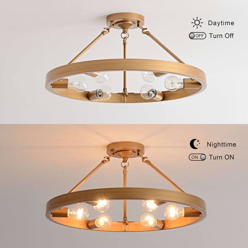 Abigail Wagon Wheel 6-Light Metal Round Rustic Semi-Flush Mount - Brushed Brass