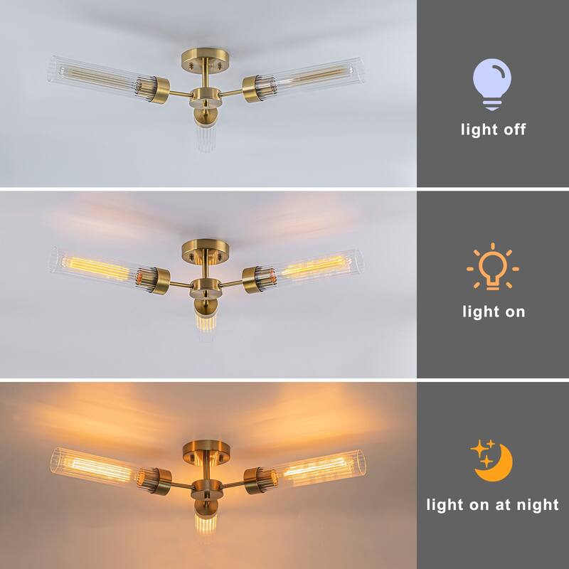 Modern Industrial 3-Light Clear Ribbed Glass Flush Mount Ceiling Light - Gold