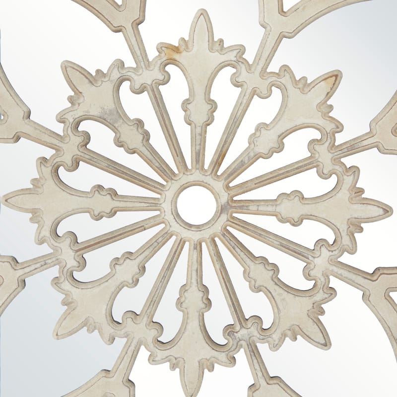 Wooden Floral Medallion Wall Mirror - Cream - Roche River Decor - 2"W x 40"L x 40"H