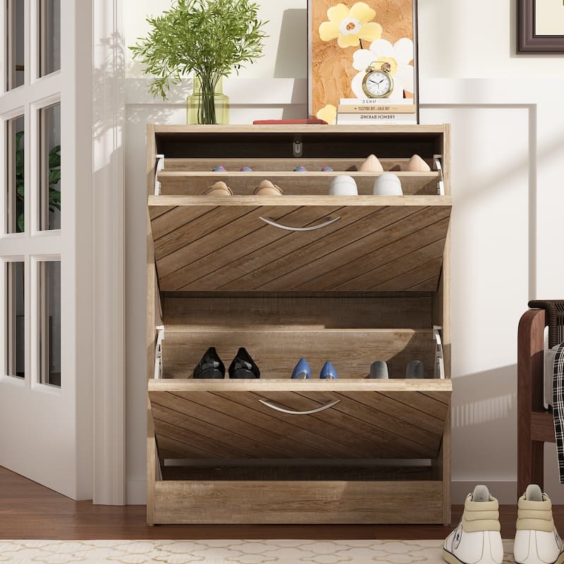 Timechee 8 Pair Shoe Storage Cabinet with 2 Drawers, Wood Color