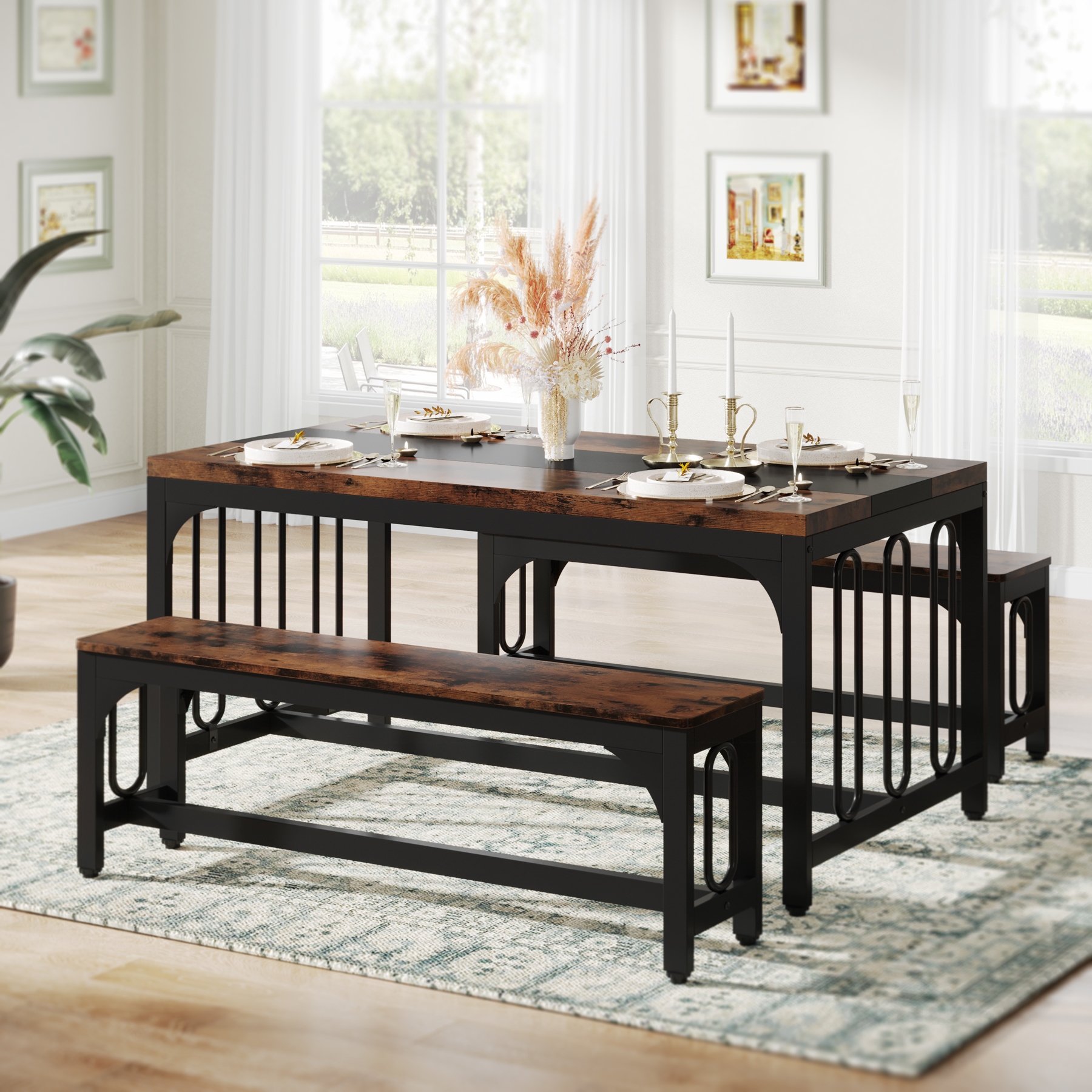 55 Dinning Room Table Set for 4 6 Farmhouse 3 Piece Kitchen Table with 2 Benches Breakfast Nook Bench Kitchen Nook Table Set Grey Black