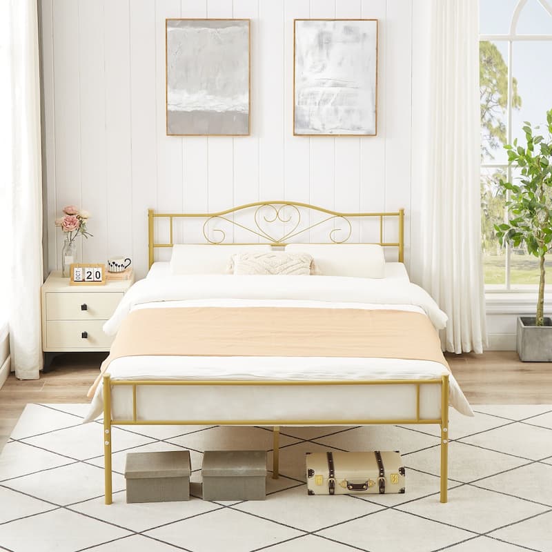 Javlergo Metal Platform Bed Frame with Modern Headboard, No Box Spring Needed - Gold - Full