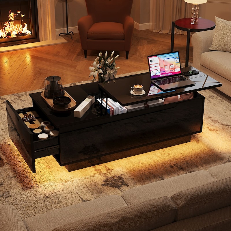47" LED Lift Top Coffee Table with Charging Station, Hidden Storage & 7-Color Lights, Modern High Gloss Center Table