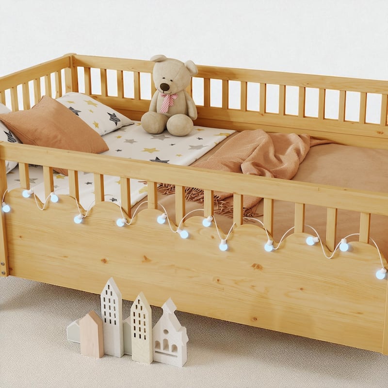 Twin/Full Montessori Wooden Floor Bed with High Rails, LED Light, and Side Storage Shelf for Kids