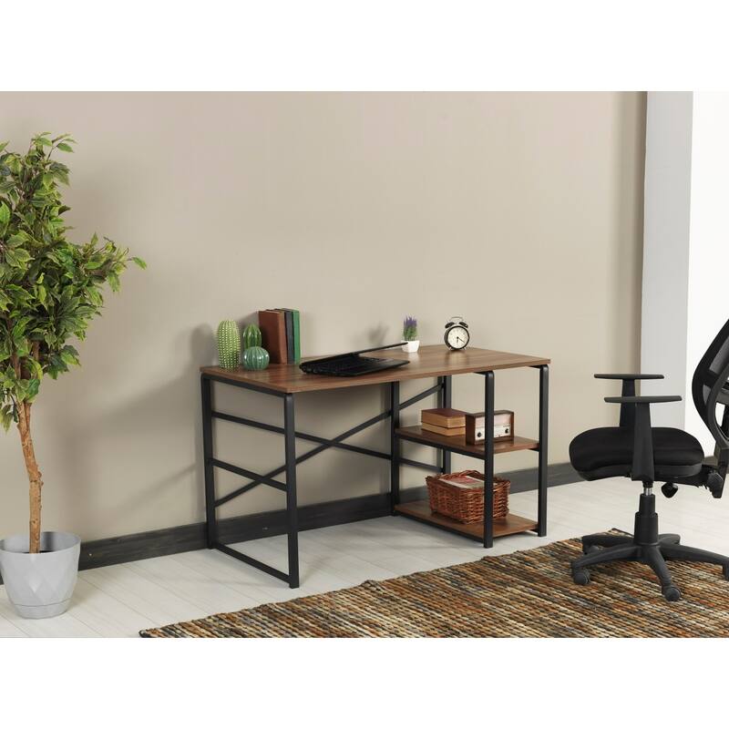 Metal Frame 47" Writing Desk with Solid Wood Top and 2 Shelves for Home Office or Study Workstation - Walnut