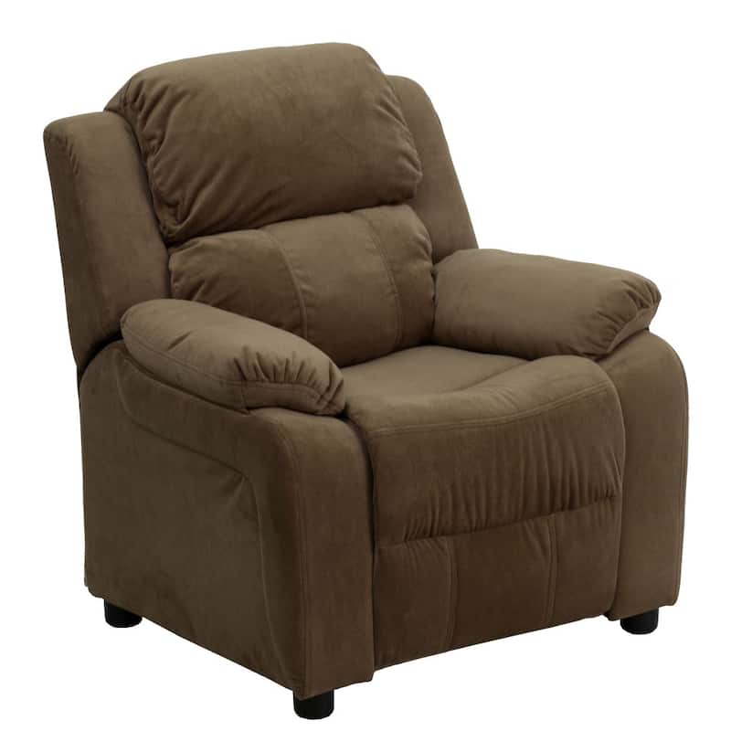 Deluxe Padded Contemporary Kids Recliner with Storage Arms - Brown Microfiber