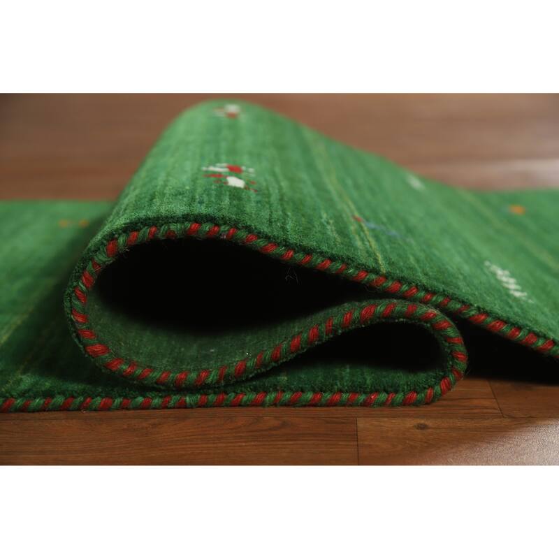 Green Gabbeh Indian Runner Rug Handmade Tribal Wool Carpet - 2'7" x 7'7"