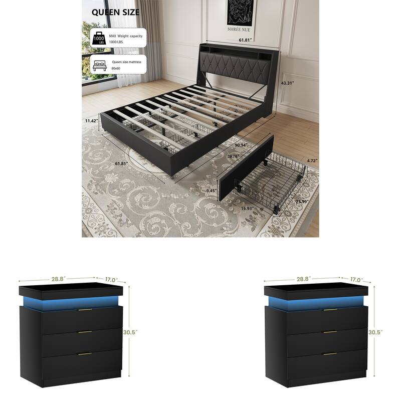 3-Pieces Bedroom Sets,Metal Bed Frame with Outlets, Charger, 4 drawers and Two Nightstands with Charging Station and LED Lights