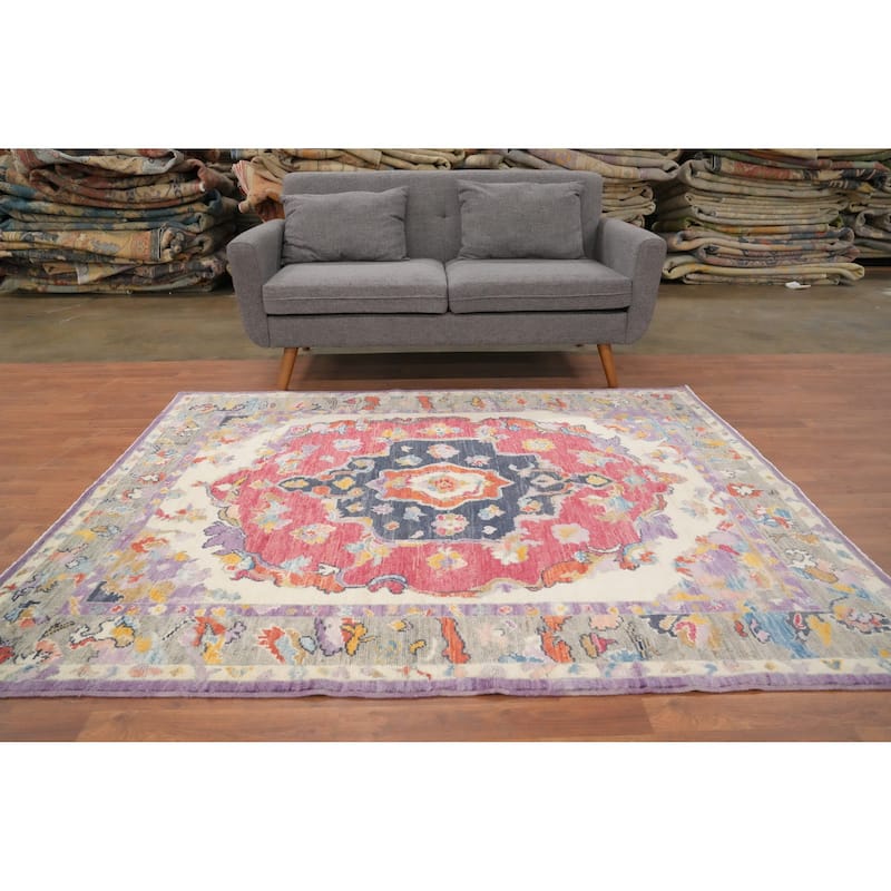 Hand Knotted Oriental 100% Wool Carpet Transitional Medallion Pink Oushak Area Rug - 6' 10'' X 5' 6''