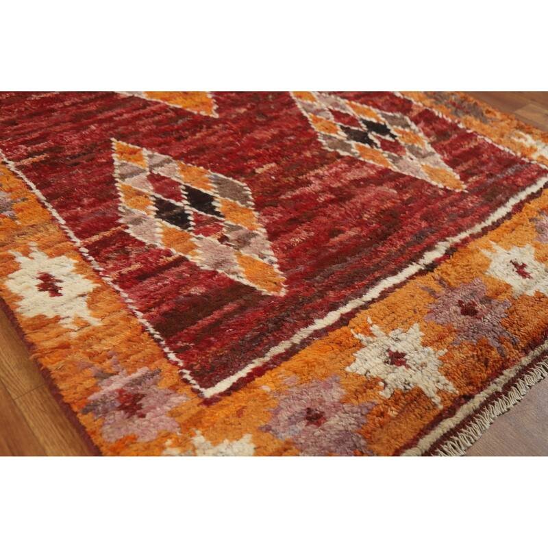 Geometric Moroccan Oriental Rug Hand-Knotted Wool Carpet - 3'4" x 6'6" - 3'4" x 6'6" - Red
