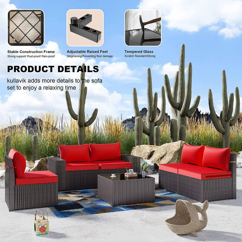 Kullavik 12 Pieces Outdoor Patio Furniture Set Sectional Rattan Sofa Set with Tempered Glass Table