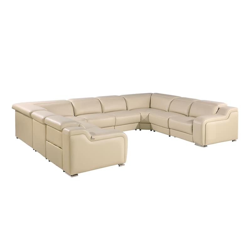 HomeRoots Beige Italian Leather Power Reclining U Shaped Eight Piece Corner Sectional With Console