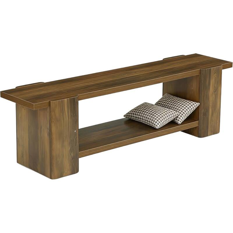63 Inch Long Wooden Entryway Bench, End of Bed Bench with Storage Shelf - 13.39" D x 62.6" W x 17.32" H