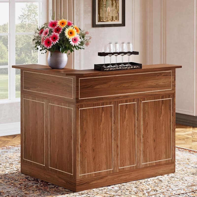 Red Brown L-Shaped Bar Unit with 4-Tier Shelves and Wine Glass Racks for Living Room or Basement - 51.2"L x 39.4"W x 44"H