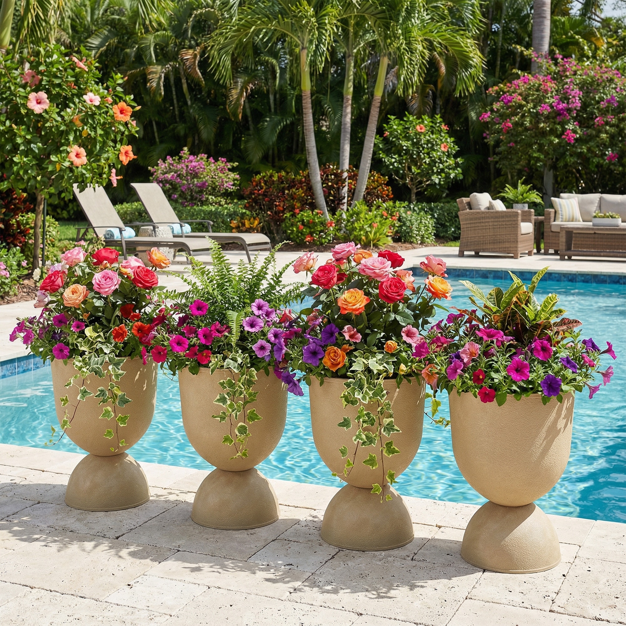2 Pack Outdoor Urn Planters Faux Stone Texture Weather Resistant PE Flower Pots with Drainage Hole & Detachable Base