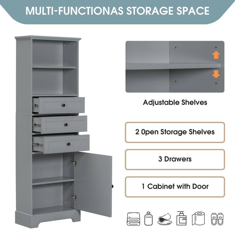 Gray Tall Storage Cabinet with 3 Drawers and Adjustable Shelves for Bathroom, Study, Office and Interior,with Painted Finish