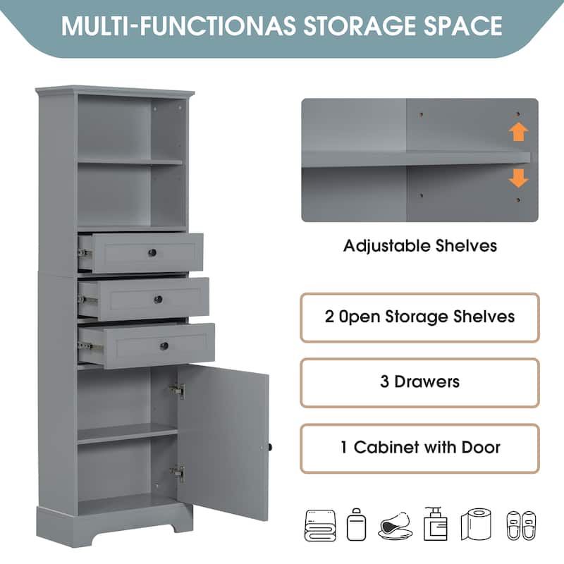 Tall Storage Cabinet with 3 Drawers, Adjustable Shelf, Enclosed Door & Open Shelves, Painted MDF Organizer