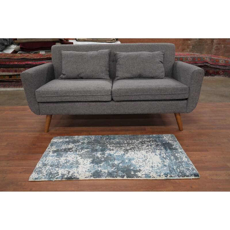 Hand Knotted Oriental Viscose Silk Carpet Modern All-Over Navy Blue & Blues Abstract Area Rug - 3' 9'' X 2' 1''
