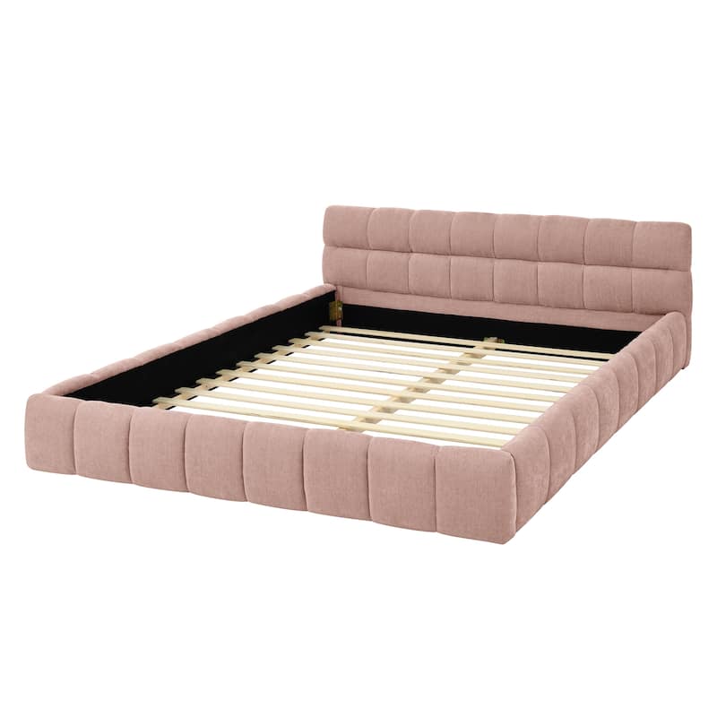 Block Thick Chenille Low Profile Platform Bed Fabric Upholstered Bedframe with Headboard Solid Wood Frame - Optional Storage Bed