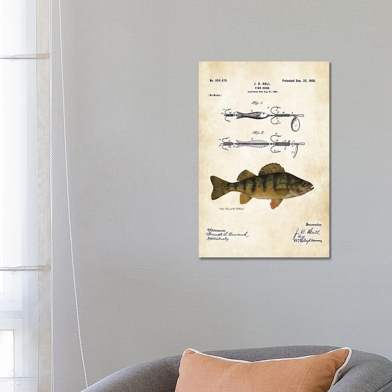 iCanvas "Yellow Perch Fishing Lure" by Patent77 Canvas Print - 26x18x1.5