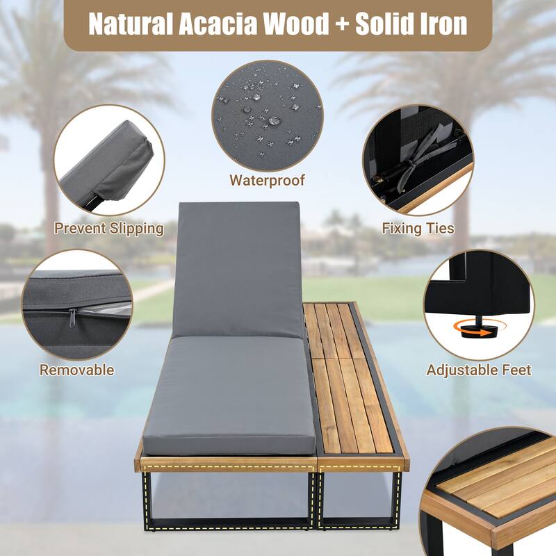 Outdoor Lounge Chair Set of 2 with 5 Position Adjustable Backrest, Iron Patio Loungers Recliners with Wood Side Table