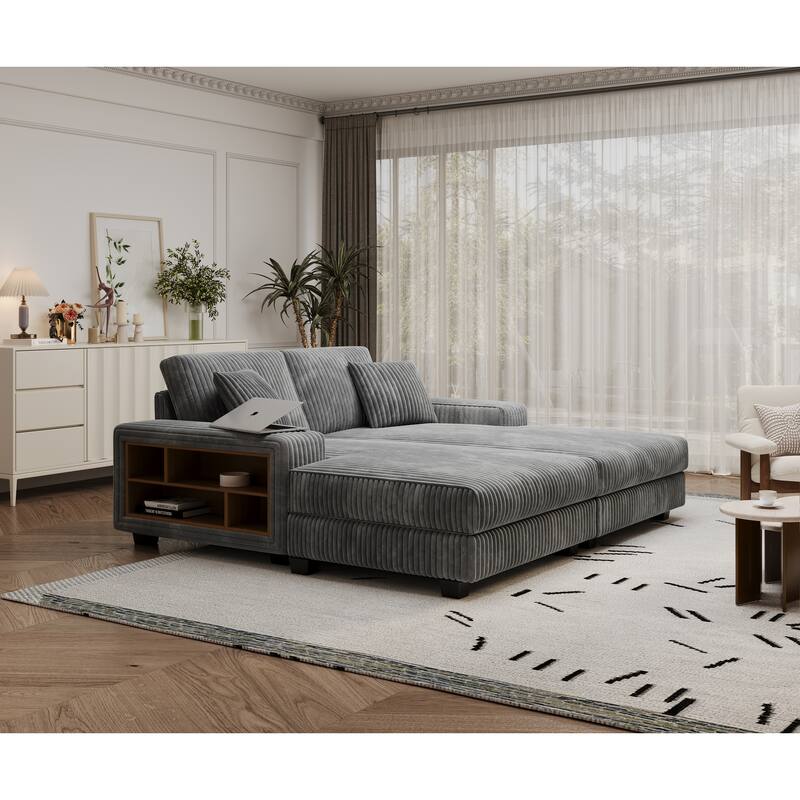 Corduroy Fabric Convertible Sleeper Sofa with Side Shelves