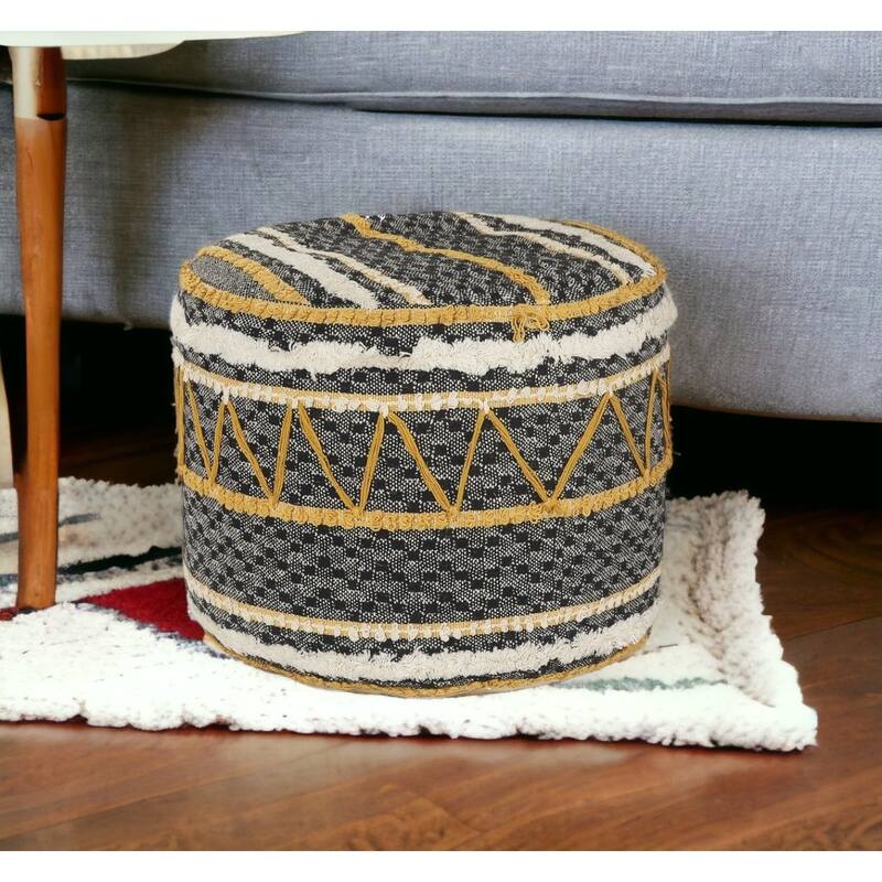 Contemporary Black Yellow Pouf Ottoman 14-Inch Seat Height Cotton Upholstered Lightweight Accent