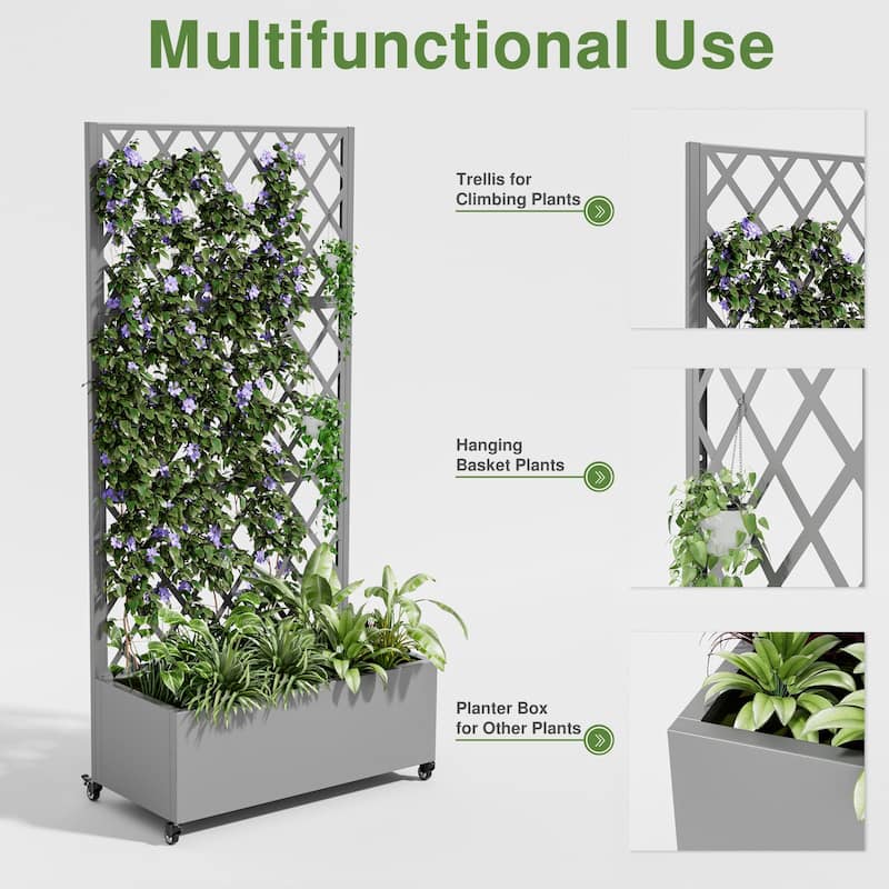 Raised Garden Bed Planter with Trellis Movable Planter Box with Lockable Wheels - 71*35