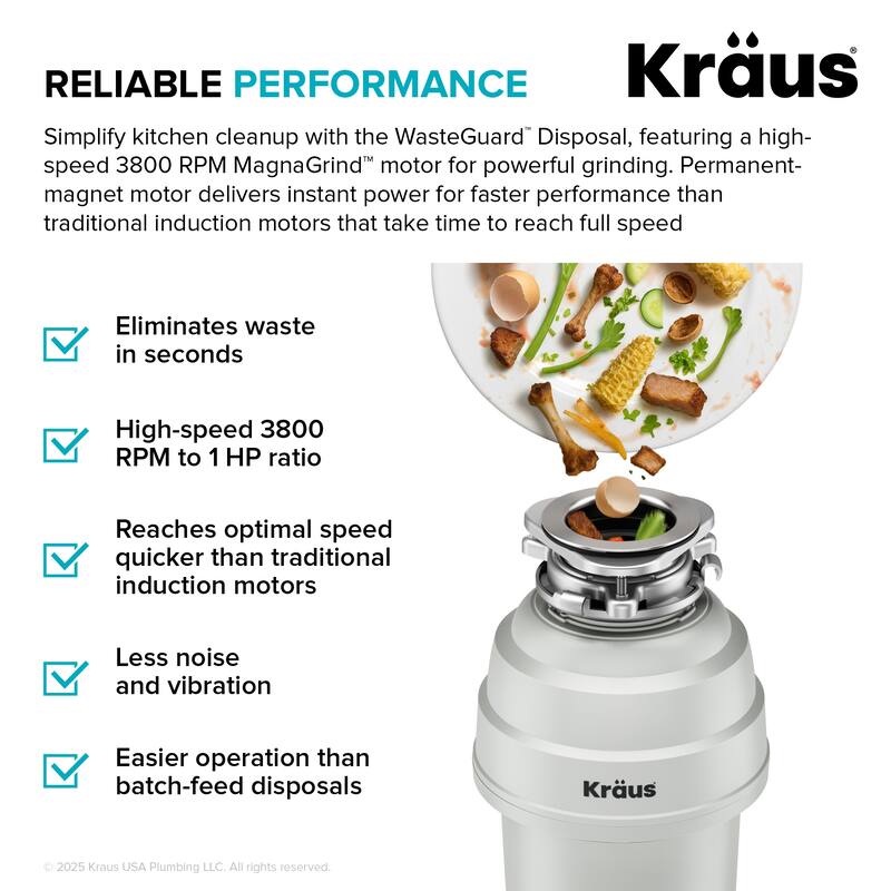 KRAUS WasteGuard Continuous Feed Garbage Disposal for Kitchen Sinks