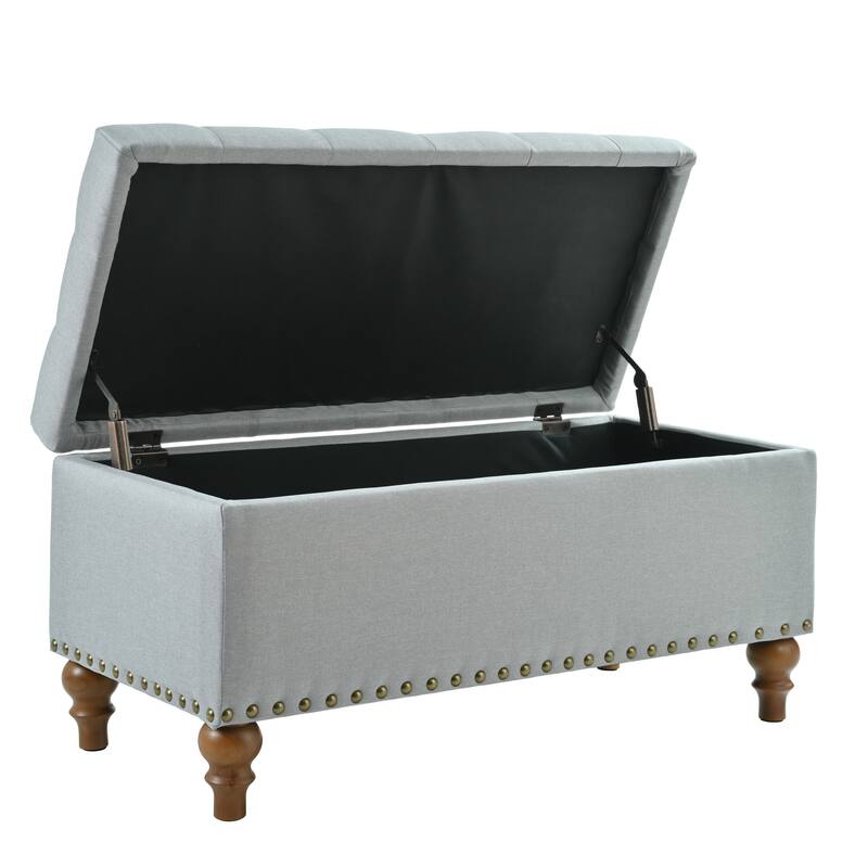 Ottoman storage bench, recessed support hinge top easy to open, rivet trim around, bedroom, entrance, living room, linen