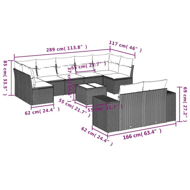 vidaXL 9/10 Piece Patio Sofa Set with Cushions Black/Brown/Gray Poly Rattan - 24.4 x 24.4 x 27.2