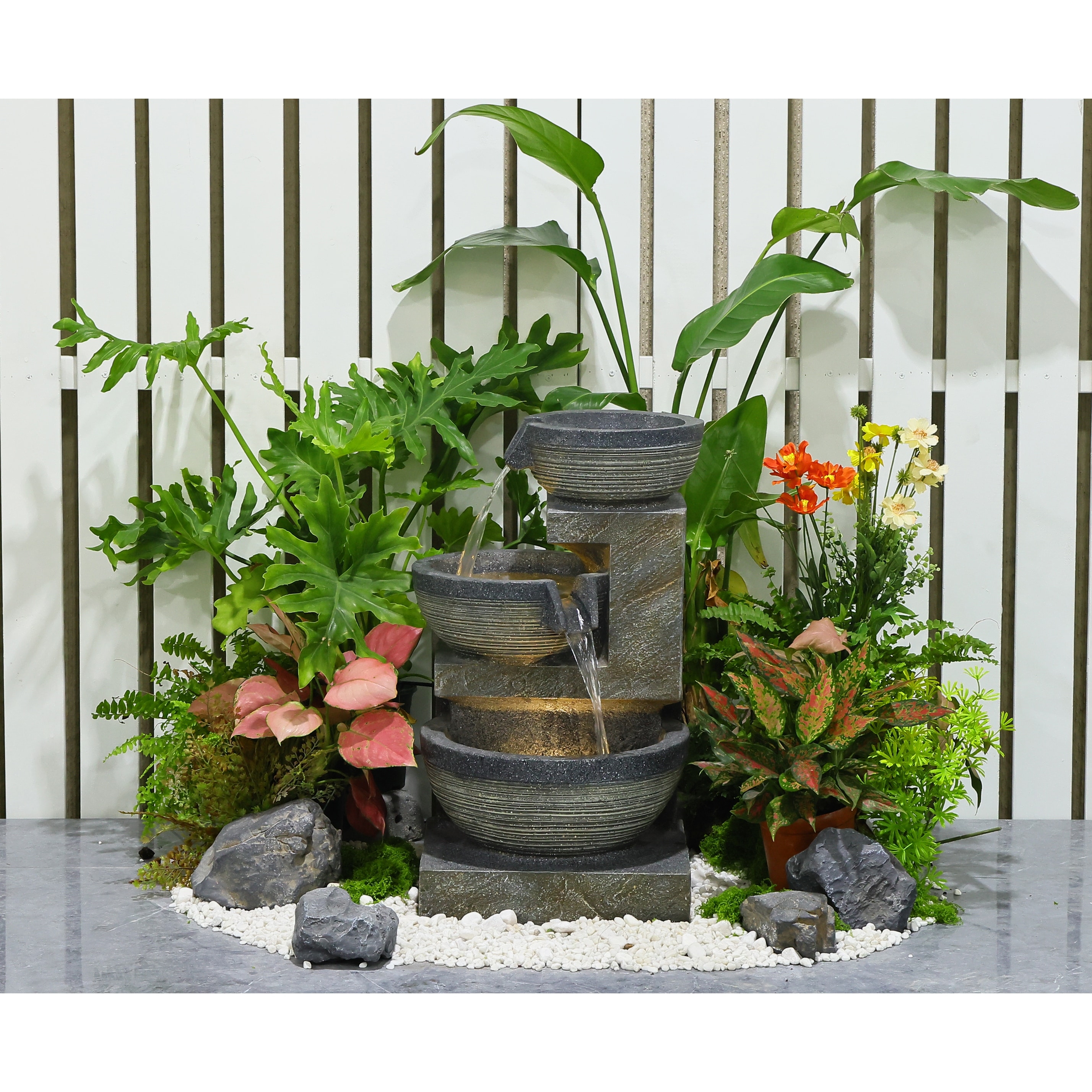 Enchanting Outdoor Fountain with 12 Warm White LED Lights Gray/Black