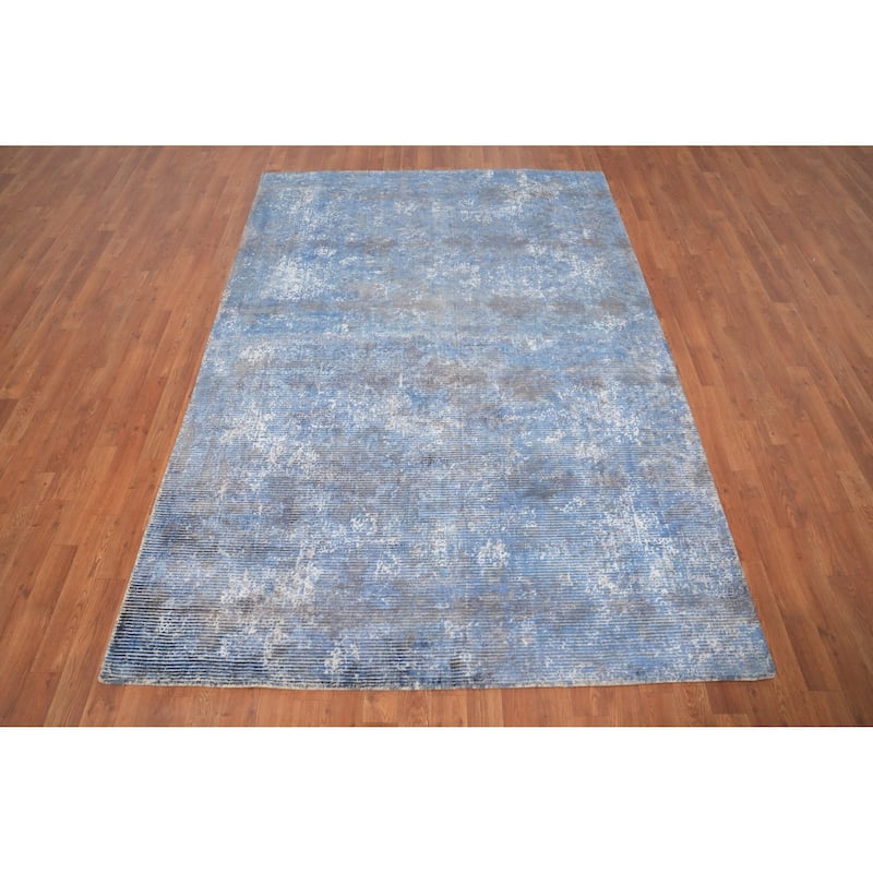 Hand Knotted Oriental Viscose Silk Carpet Modern Abstract Navy Blue & Blues Abstract Area Rug - 7' 10'' X 5' 5''