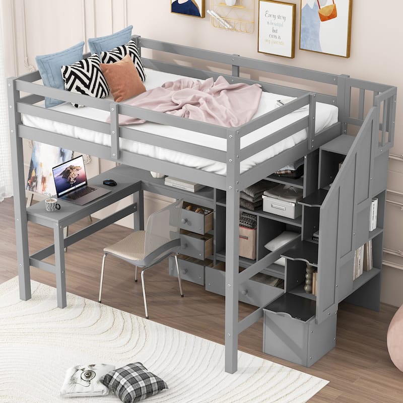Full Size Wood Loft Bed with L-Shaped Desk and Drawers, Space Saving Design Wood Bed Frame with Cabinet and Storage Staircase