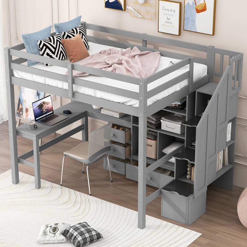 Twin/Full Loft Bed with L-Shaped Desk and Storage Staircase, Multi-Functional Solid Wood Loft Bed Frame with Drawers & Bookcase