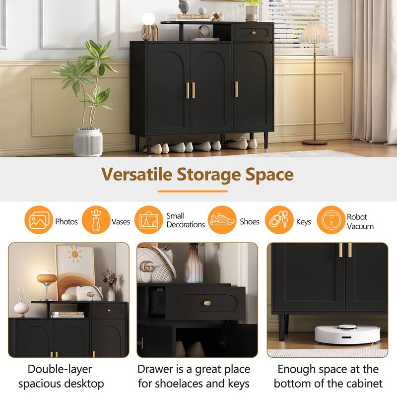 Shoe Cabinet with Arched Doors and Drawer, Storage Sideboard with Adjustable Shelves and Solid Wood Legs