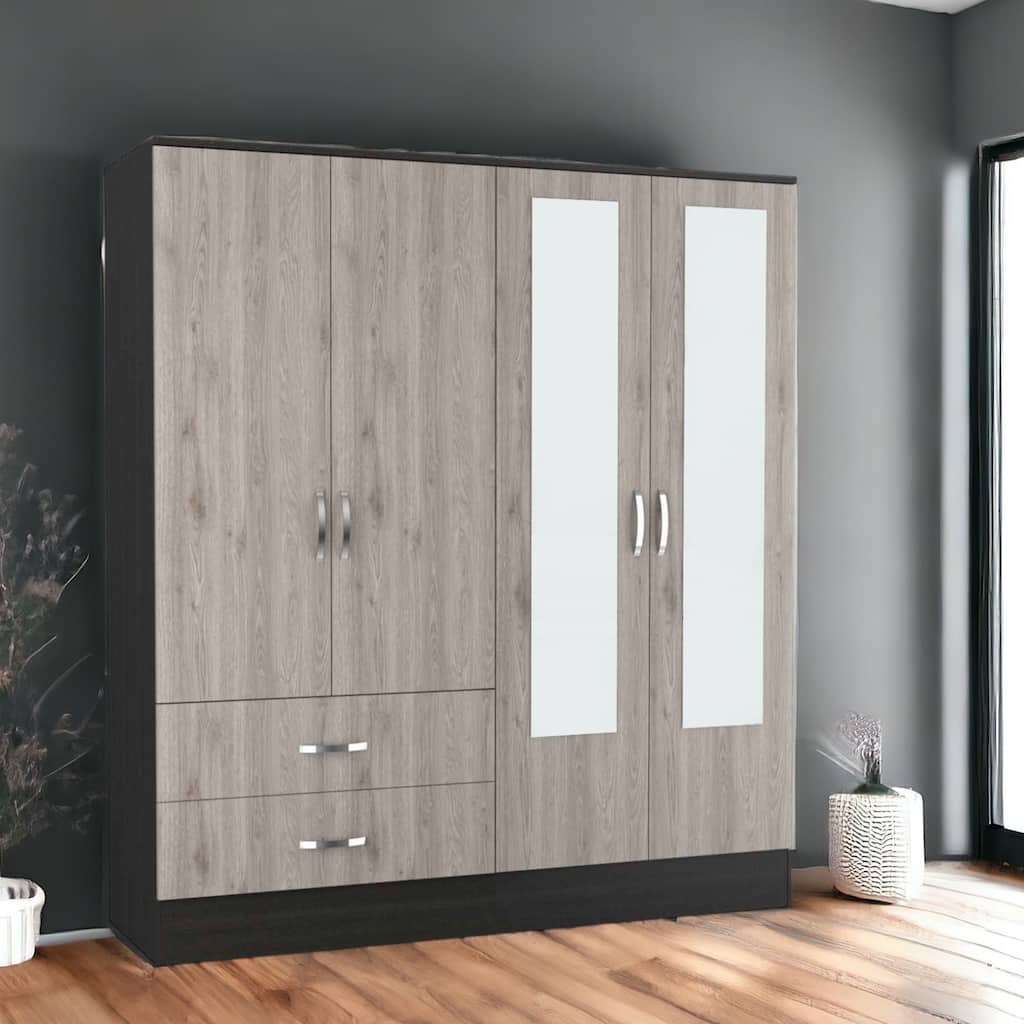 HomeRoots 71" Light Oak and Black Four Door Wardrobe Closet with Mirrors