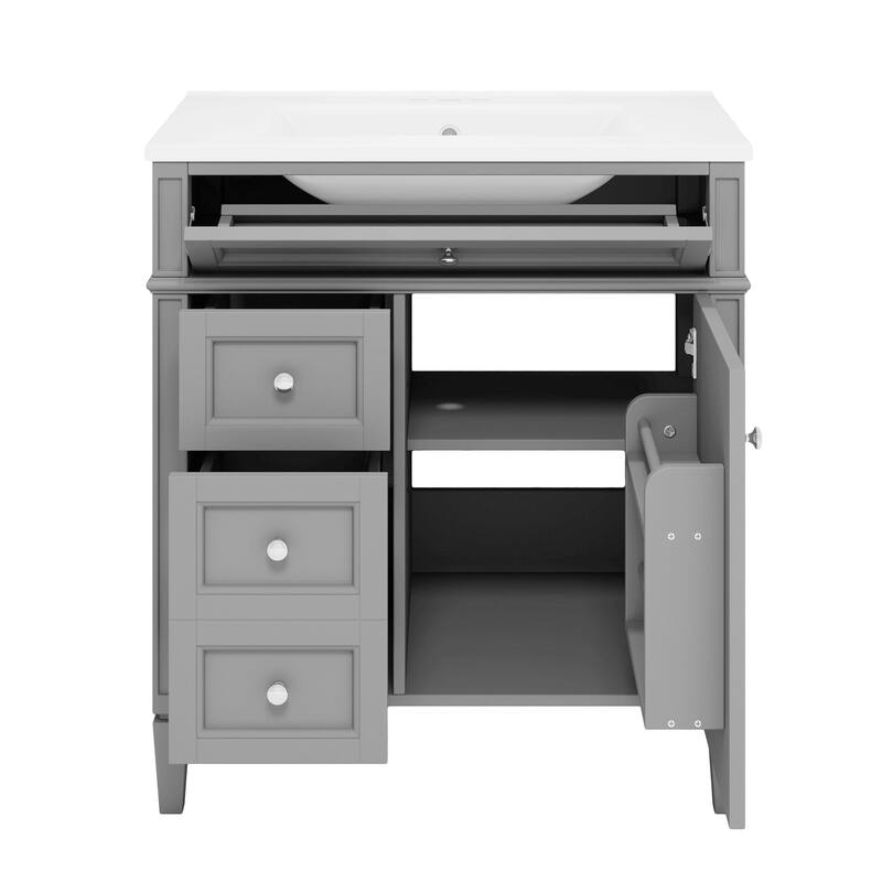 30-Inch Modern Bathroom Vanity with Ceramic Sink, 3 Drawers, Storage Cabinet, and Soft-Close Doors